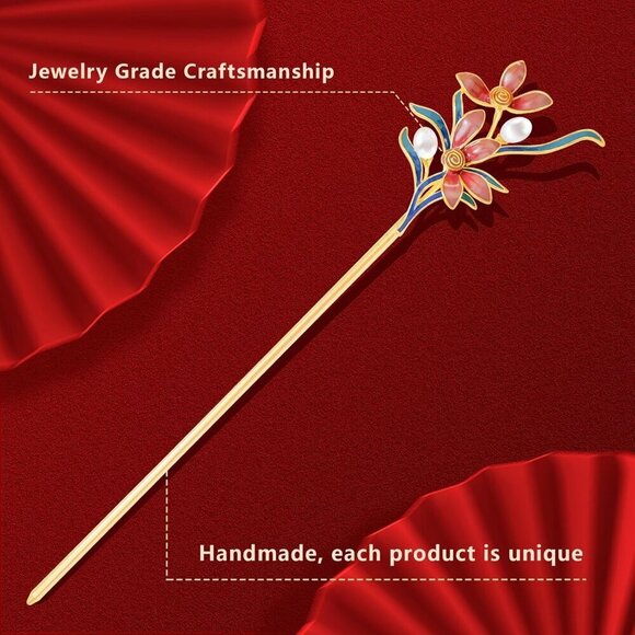 Hair Stick Jewelry-Grade Metal Pearl Flower Dunhuang Style Enamel 5.9\